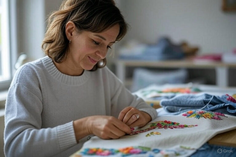 A women doing embroidery
